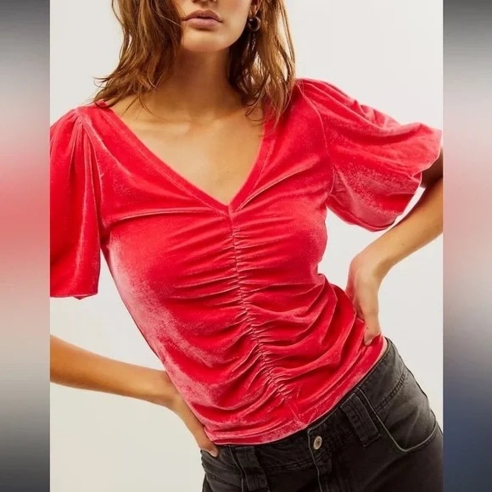 NWT Free People Cupcake Hot Pink Velvet Puff Sleeve Top